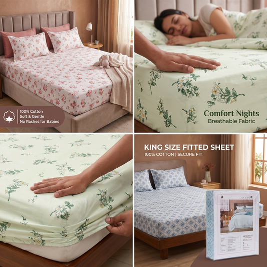 100% Cotton Mint Floral Fitted Bedsheet with All-Round Elastic
