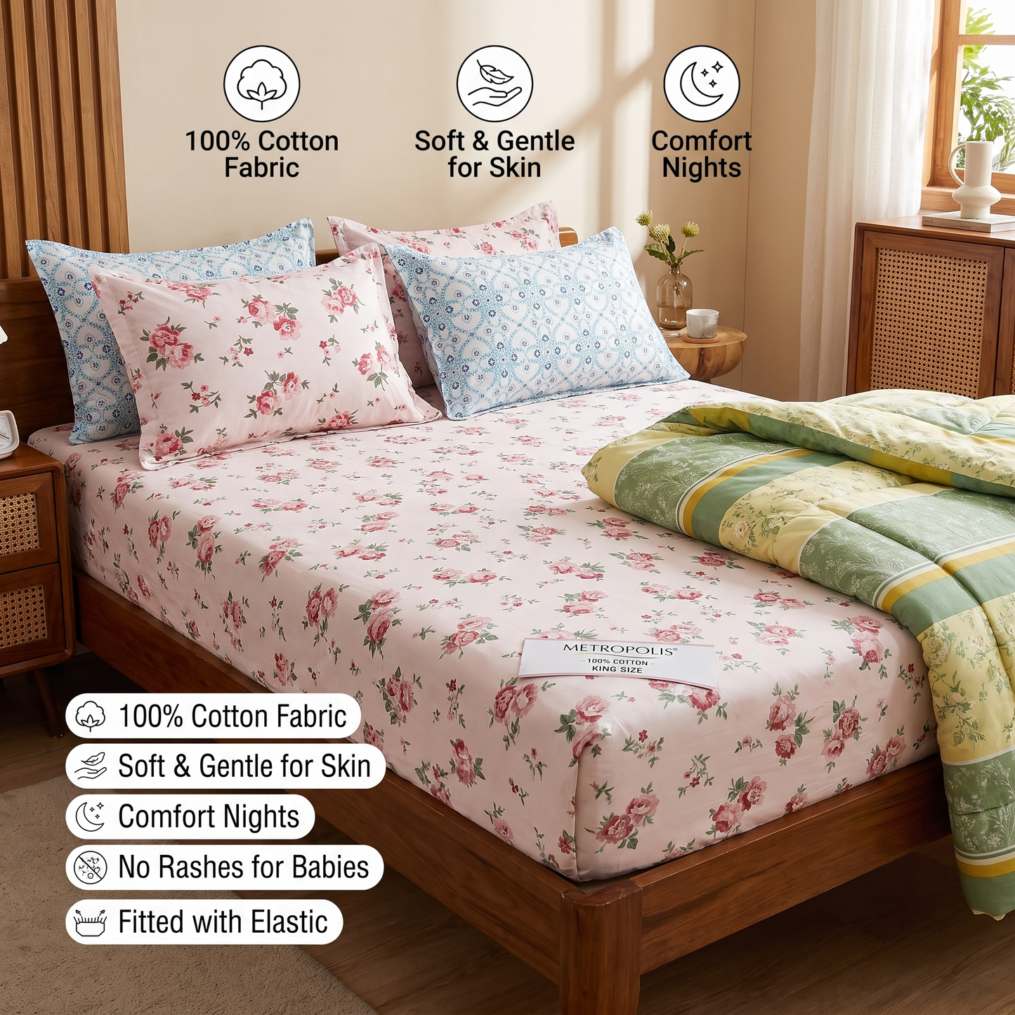 100% Cotton Mint Floral Fitted Bedsheet with All-Round Elastic