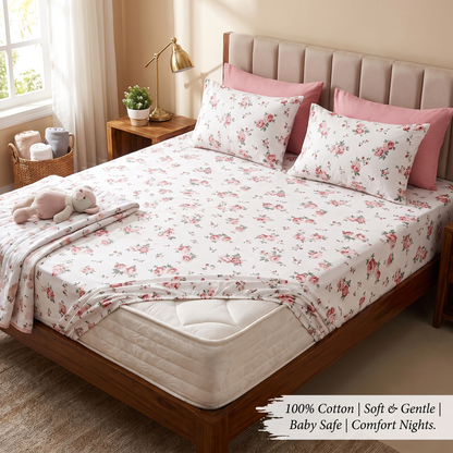 100% Cotton Mint Floral Fitted Bedsheet with All-Round Elastic