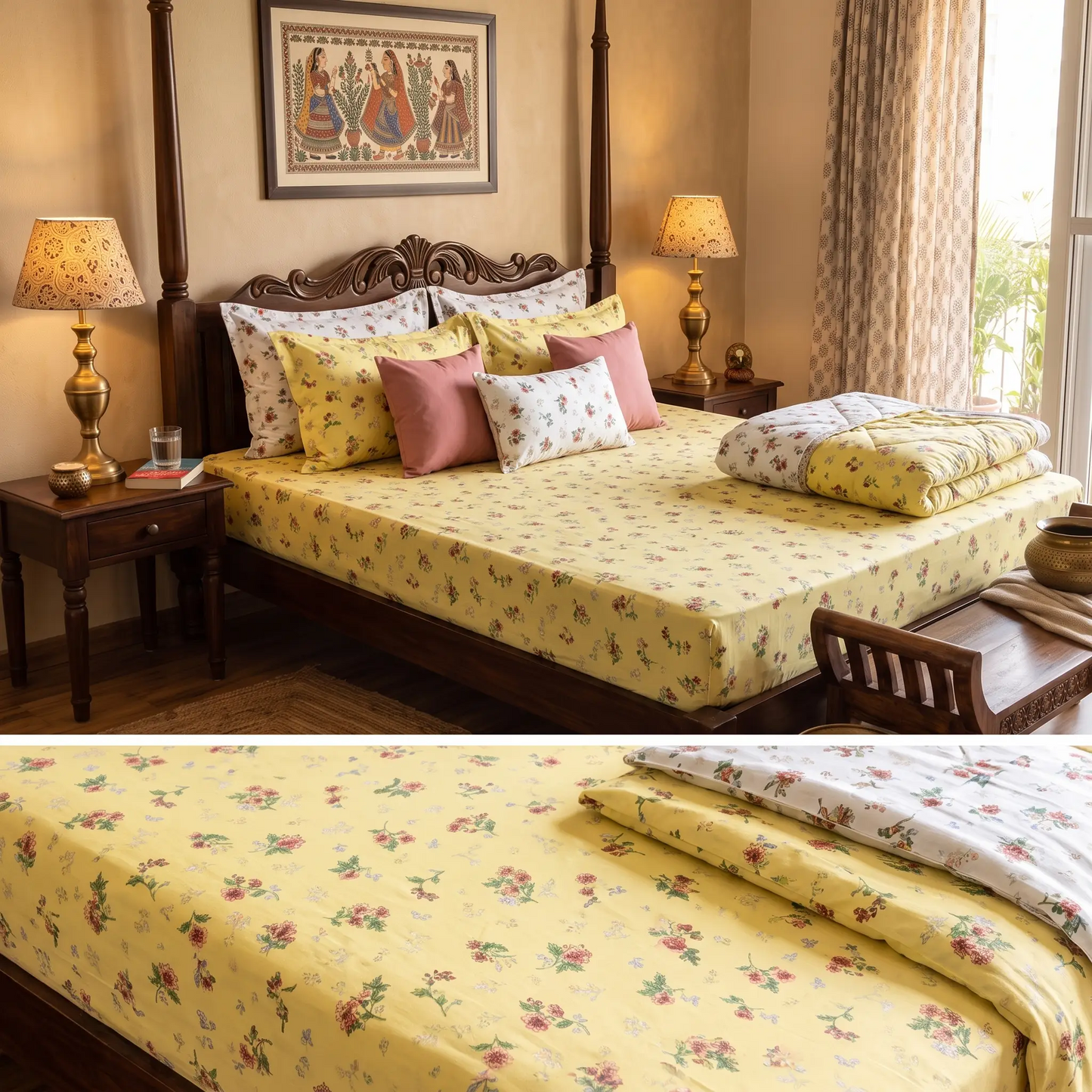 100% Cotton Mint Floral Fitted Bedsheet with All-Round Elastic